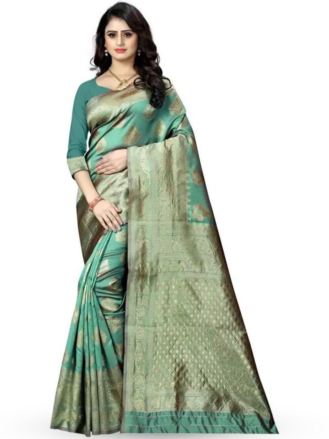 

Florence Ethnic Motifs Woven Design Zari Pure Silk Kanjeevaram Saree, Green
