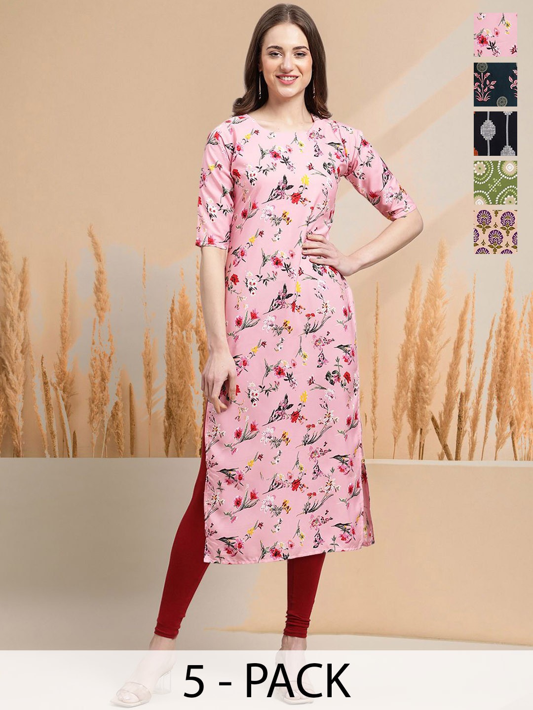 

7Threads Selection Of 5 Floral Printed Round Neck Straight Kurtas, Pink