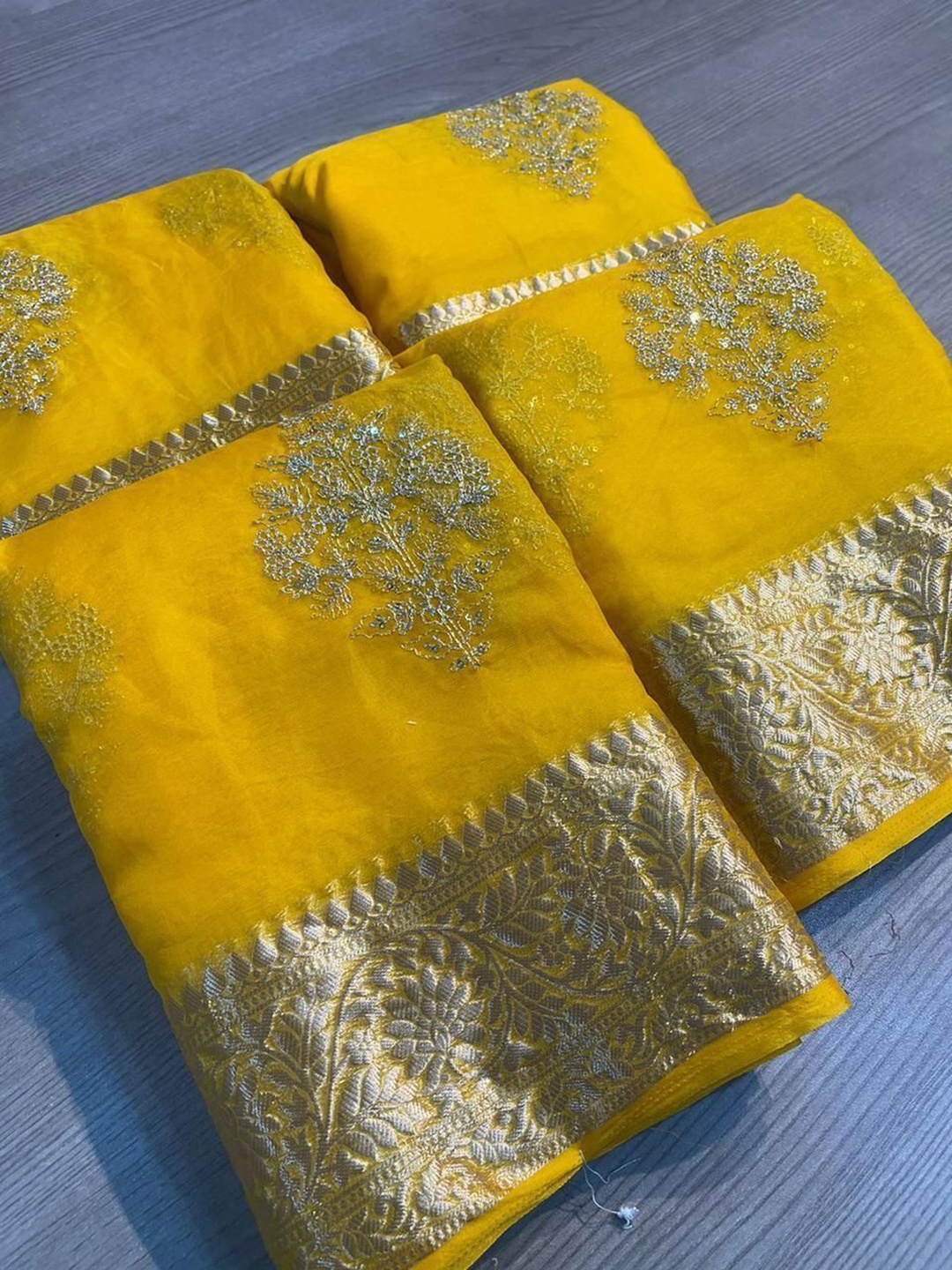 

Upalksh Ethnic Motifs Embroidered Zari Kota Saree, Yellow