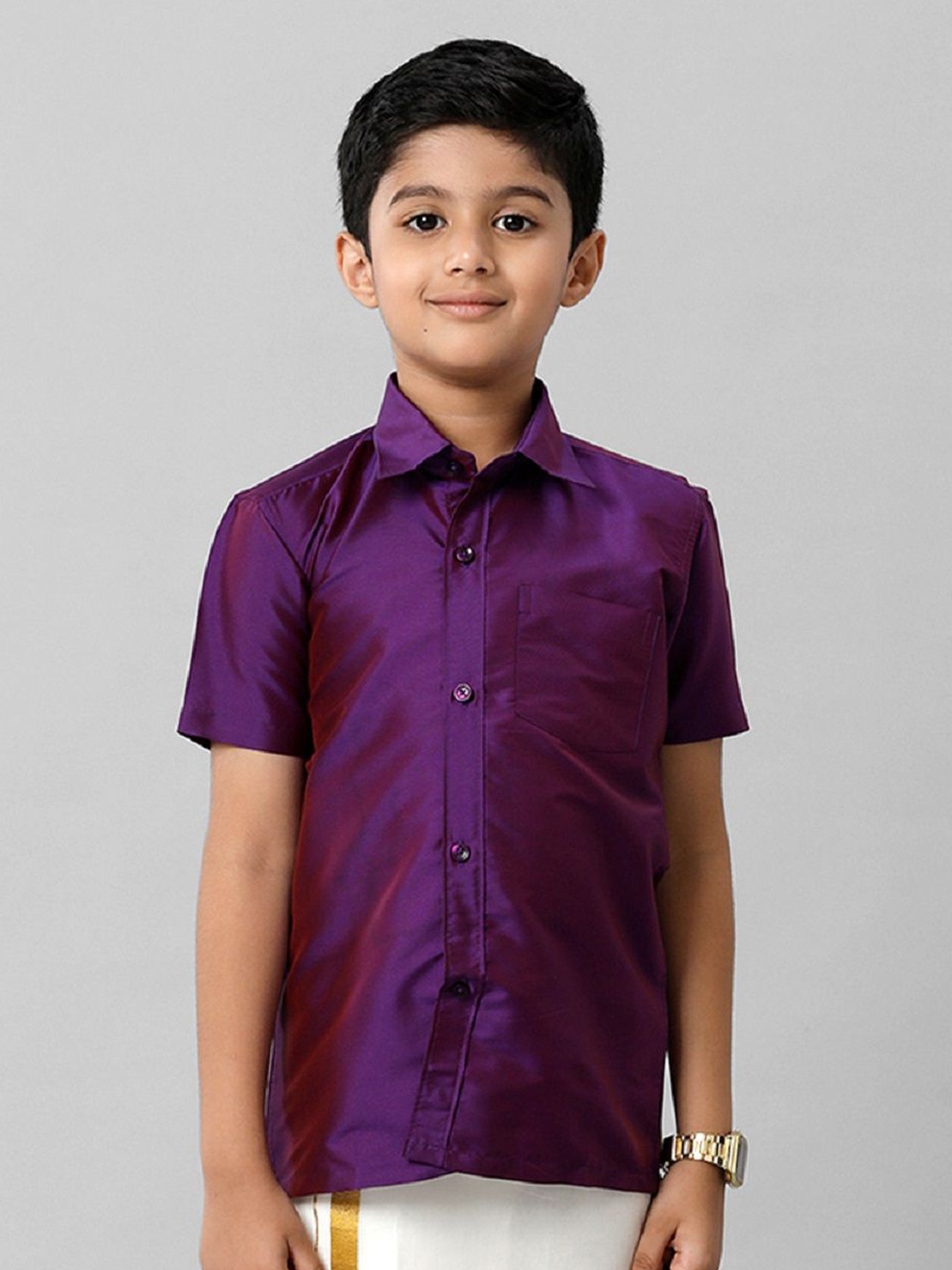 

Ramraj Boys Solid Short Sleeve Shirt With Chest Pocket, Violet