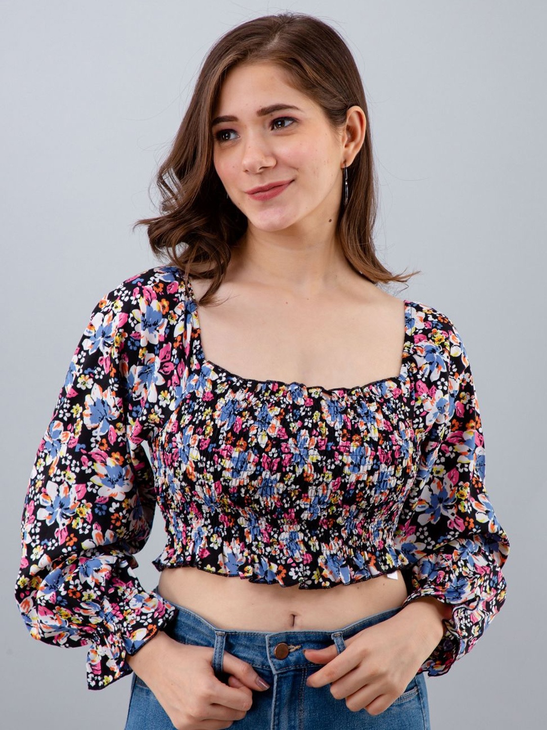 

DressBerry Floral Print Puff Sleeve Crop Top, Multi