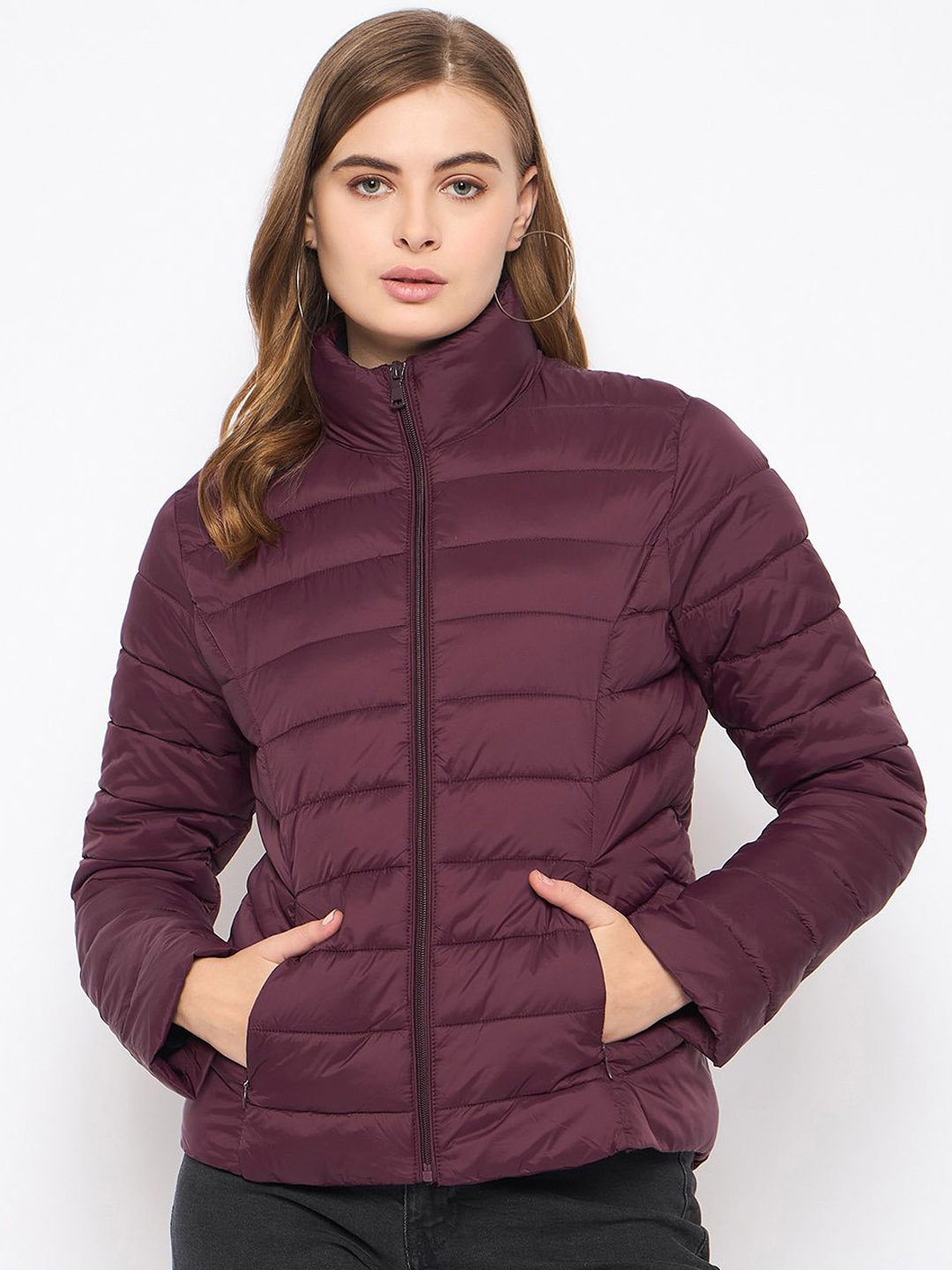 

Madame Women Floral Nylon Longline Padded Jacket, Maroon