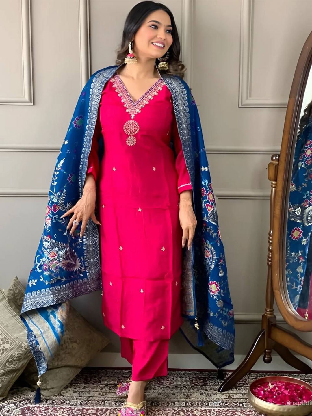 

SHREE KHODAL FASHION Embroidered Kurta With Trousers & Dupatta, Pink