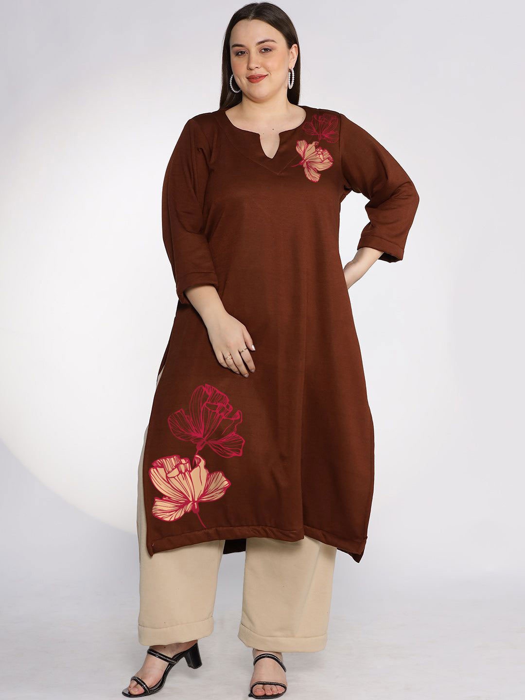 

LetsDressUp Floral Printed Straight Kurta, Coffee brown