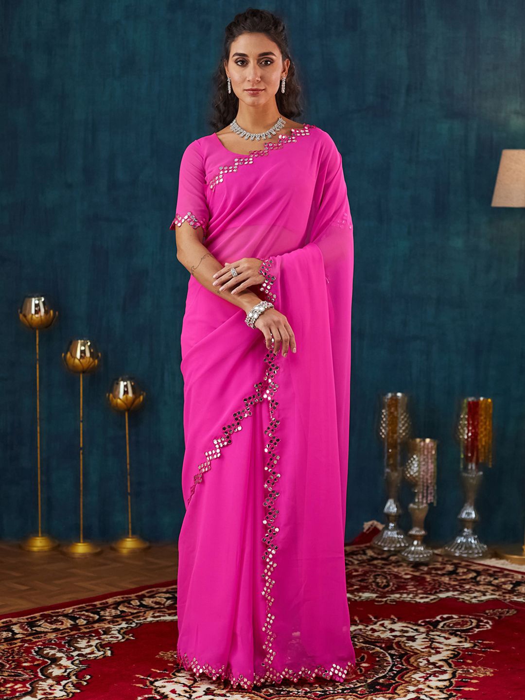 

KALINI Mirror Work Pure Georgette Saree, Pink