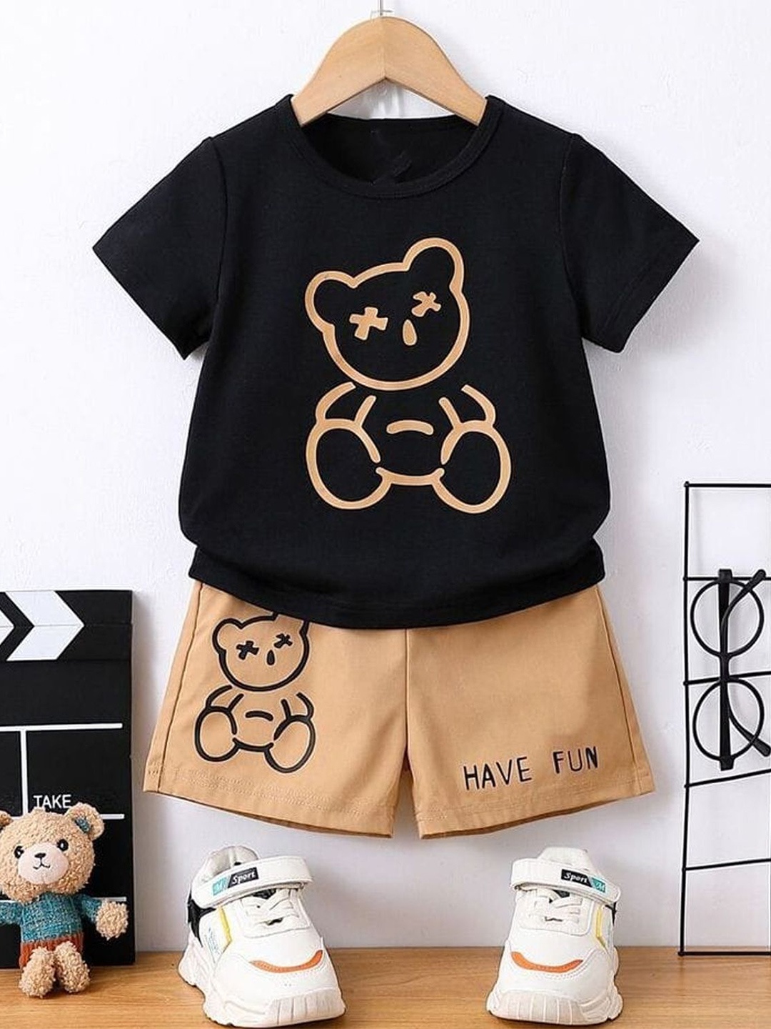 

BILLYBALL Kids Printed Round Neck Pure Cotton T-Shirt With Shorts, Black
