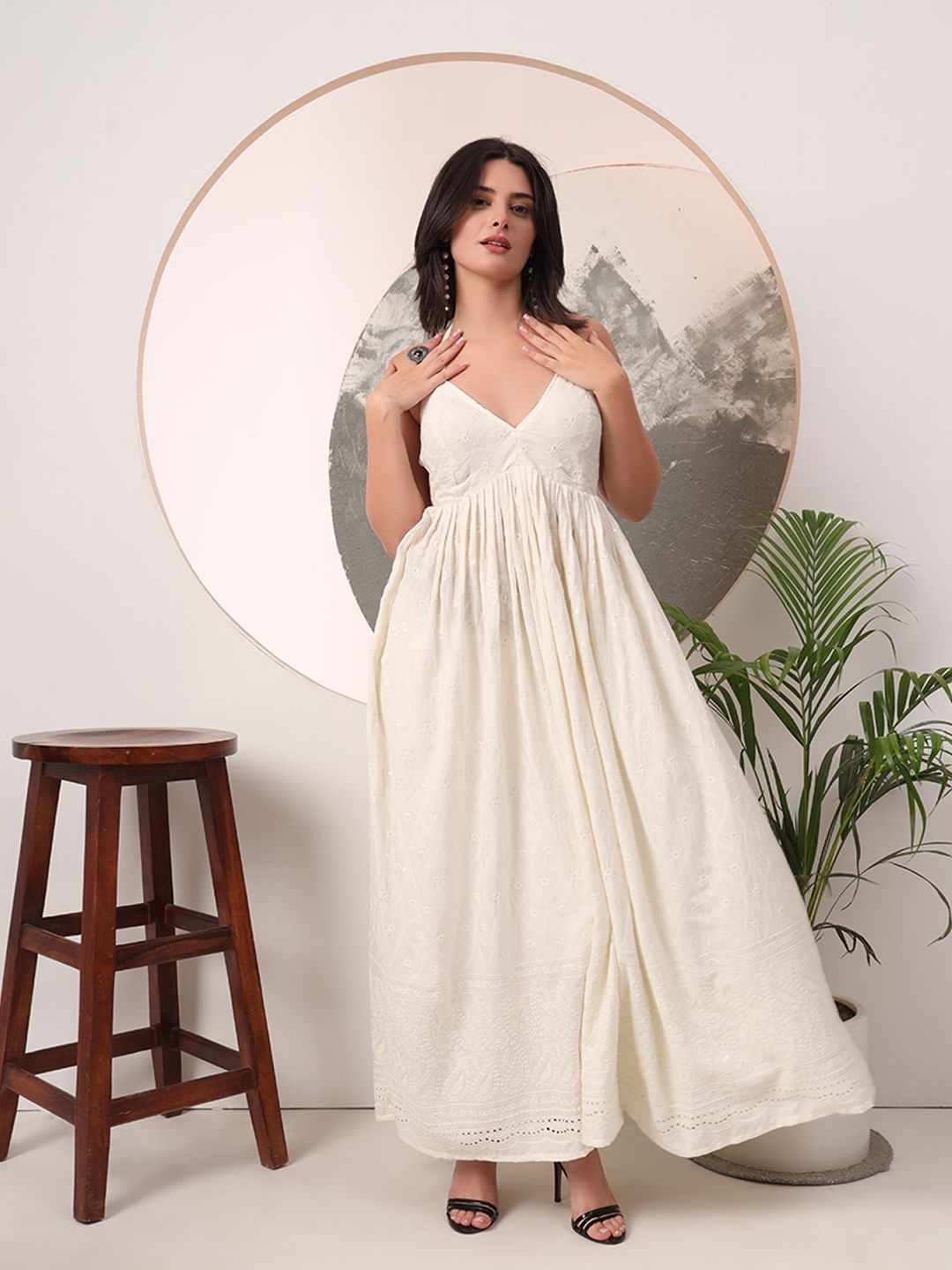 

Mitera Embroidered Sequined Halter Neck Padded Maxi Dress, Cream
