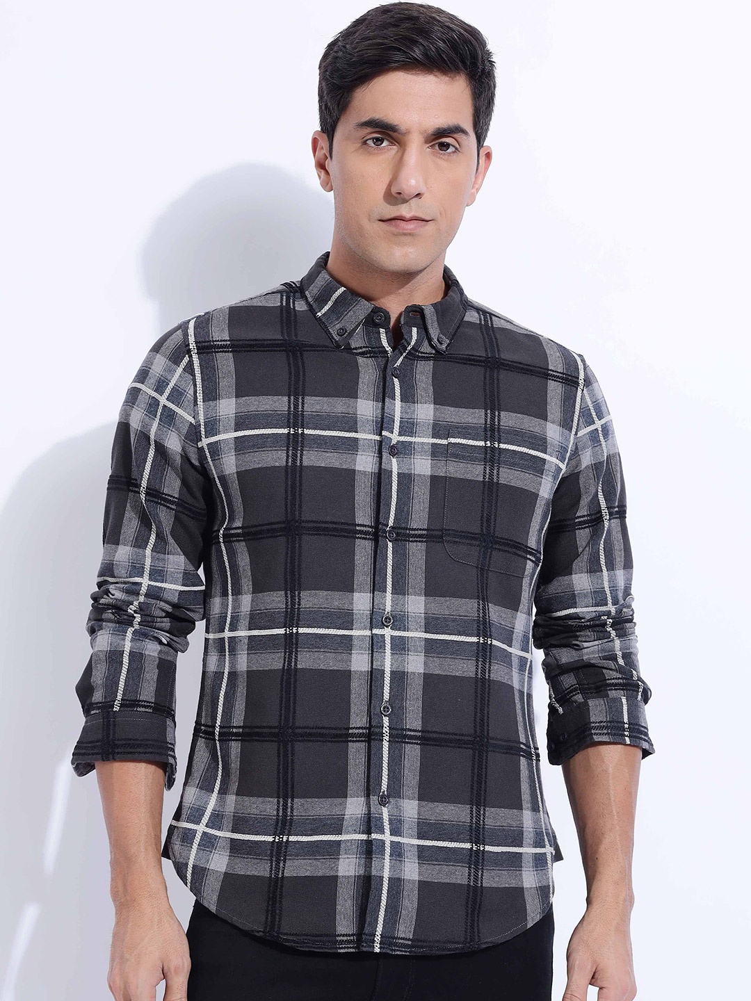 

HERE&NOW Men Slim Fit Button-Down Collar Tartan Checked Cotton Casual Shirt, Charcoal