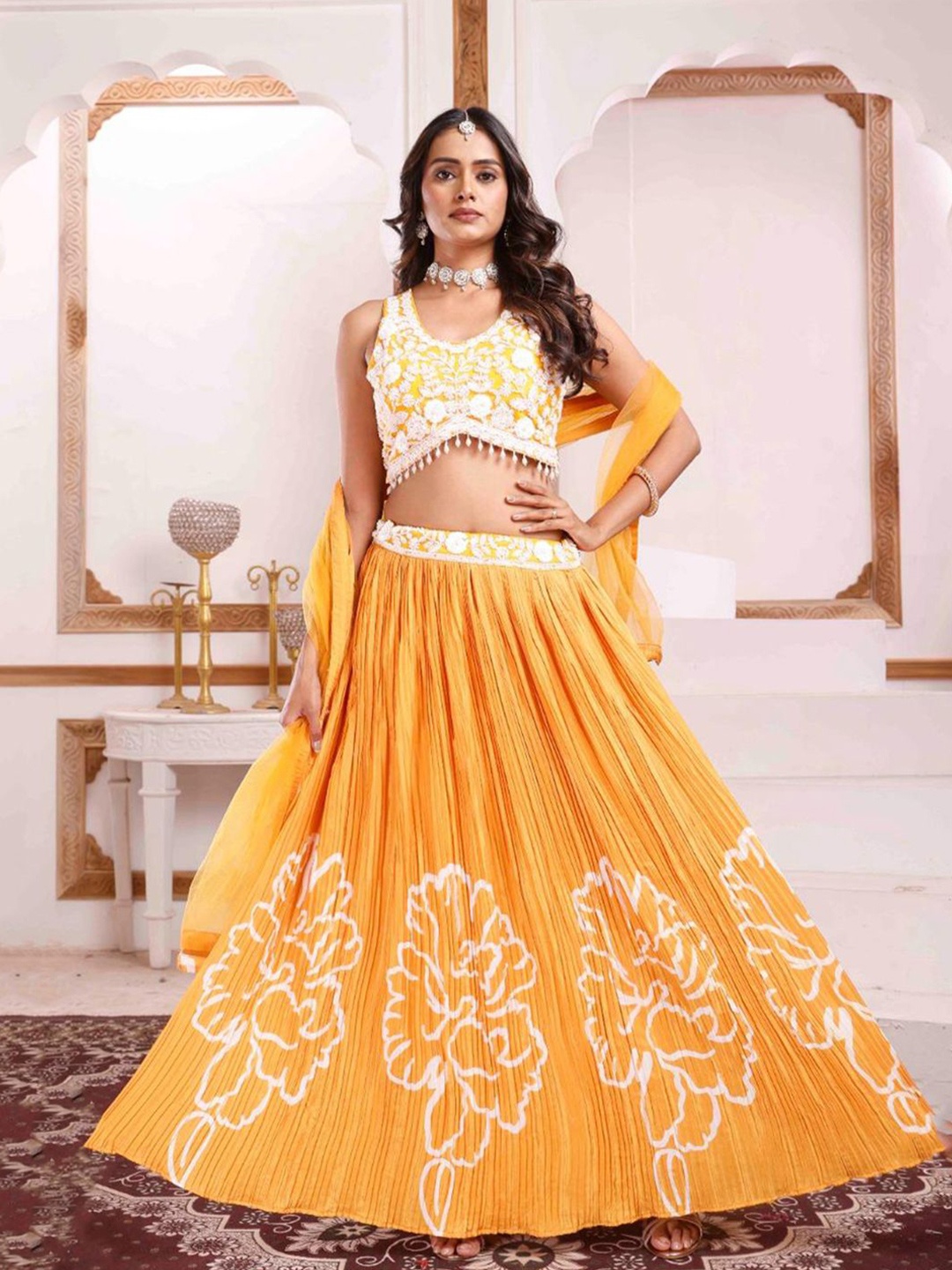 

LUGAI Embroidered Beads and Stones Cotton Ready to Wear Lehenga & Blouse With Dupatta, Yellow