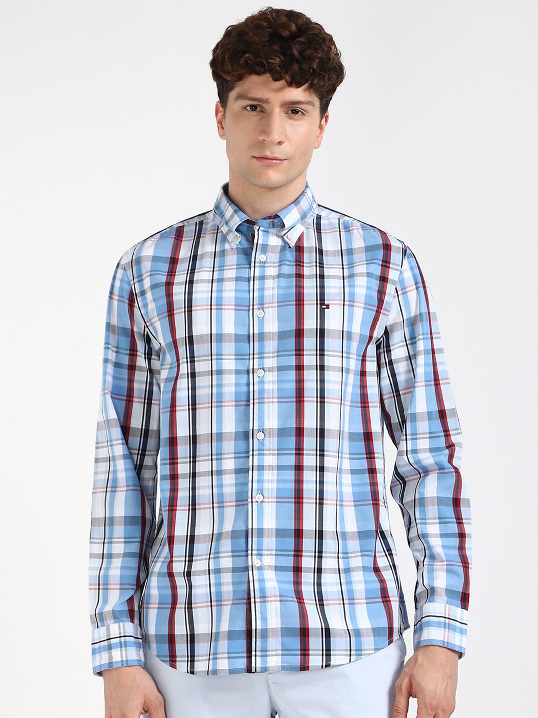 

Tommy Hilfiger Men Button-Down Collar Tartan Checked Cotton Casual Shirt, Blue