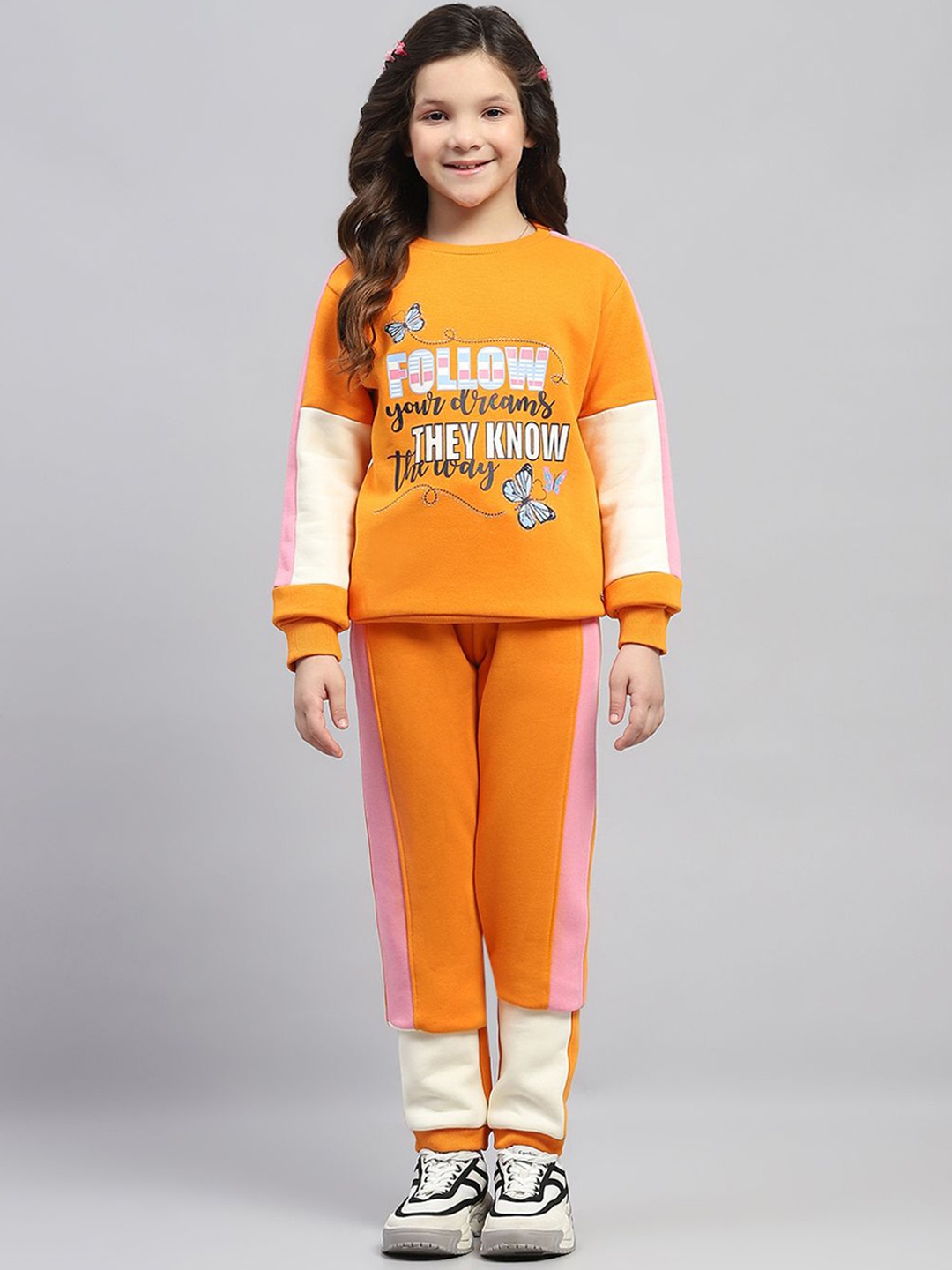 

Monte Carlo Girls Printed Round Neck Full Sleeve Tracksuit, Orange