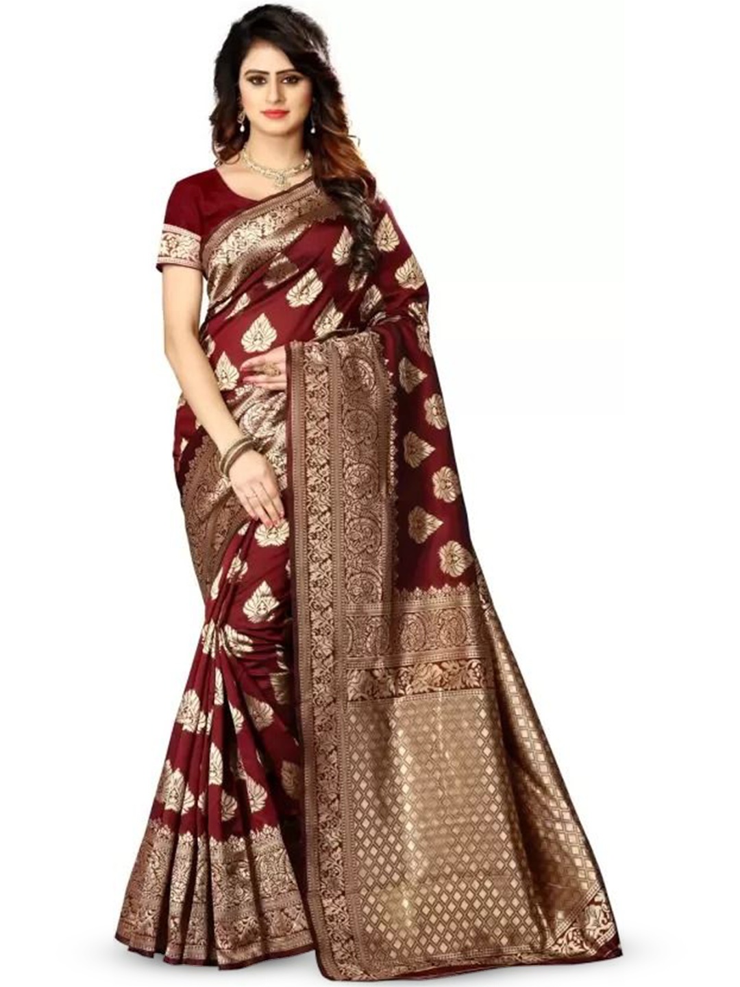 

Florence Ethnic Motifs Woven Design Zari Pure Silk Kanjeevaram Saree, Maroon