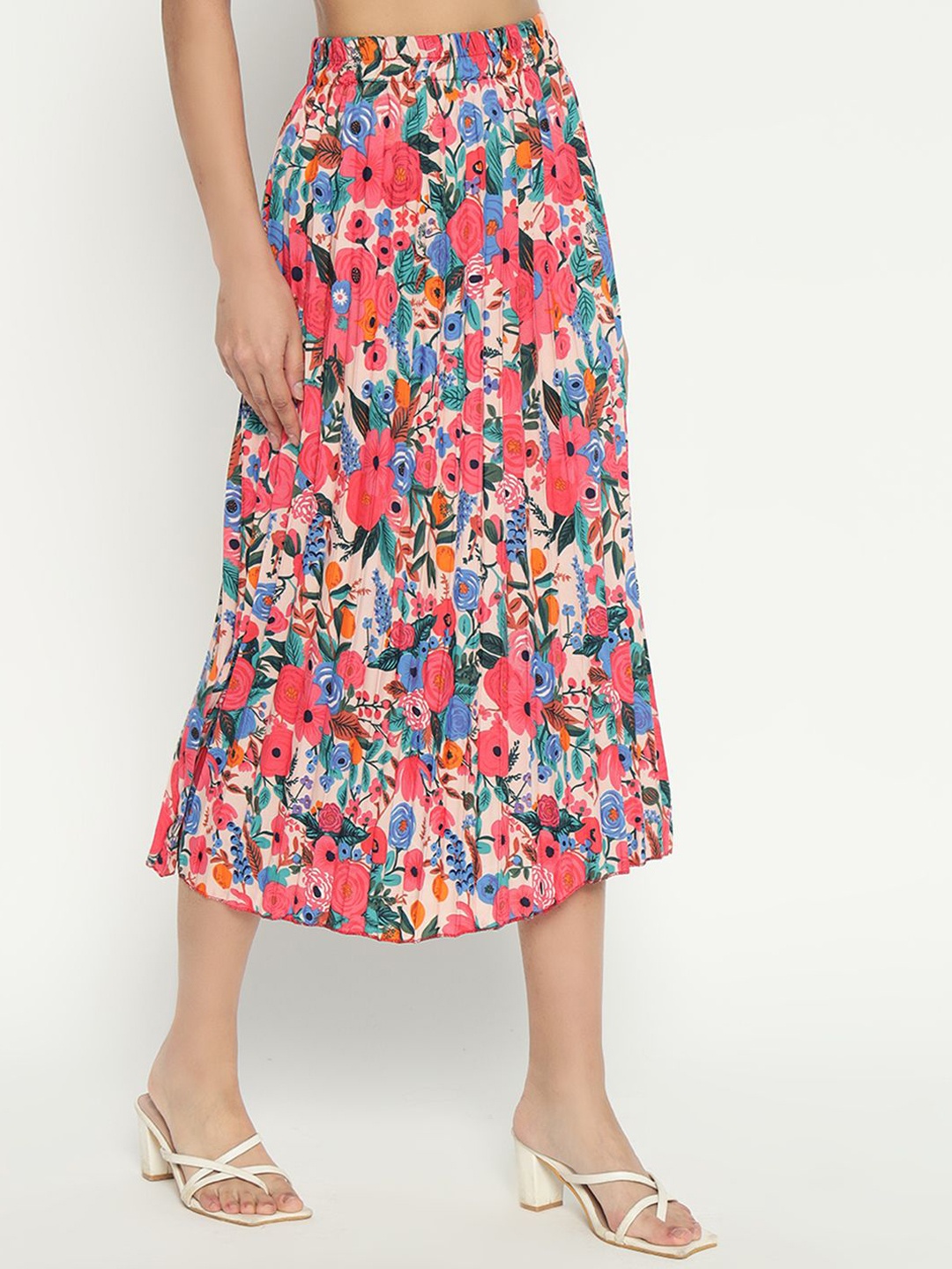 

Femvy Women Floral Printed Pleated A-Line Midi Skirt, Pink