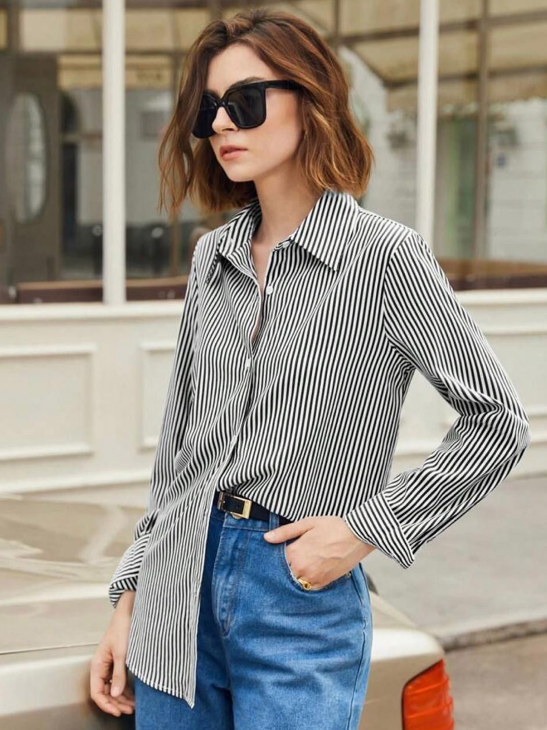 

Just Fab Women Standard Slim Fit Spread Collar Vertical Striped Cotton Casual Shirt, Black