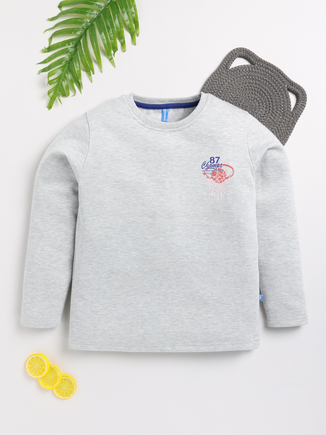 

Here&Now X Game Begins Boys Back Printed Sweatshirt with Brushed Fleece Lining, Grey melange