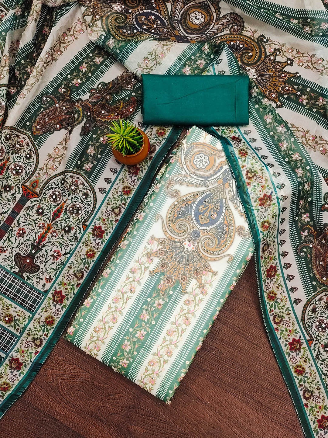 

KALINI Floral Printed Organza Unstitched Dress Material, Green