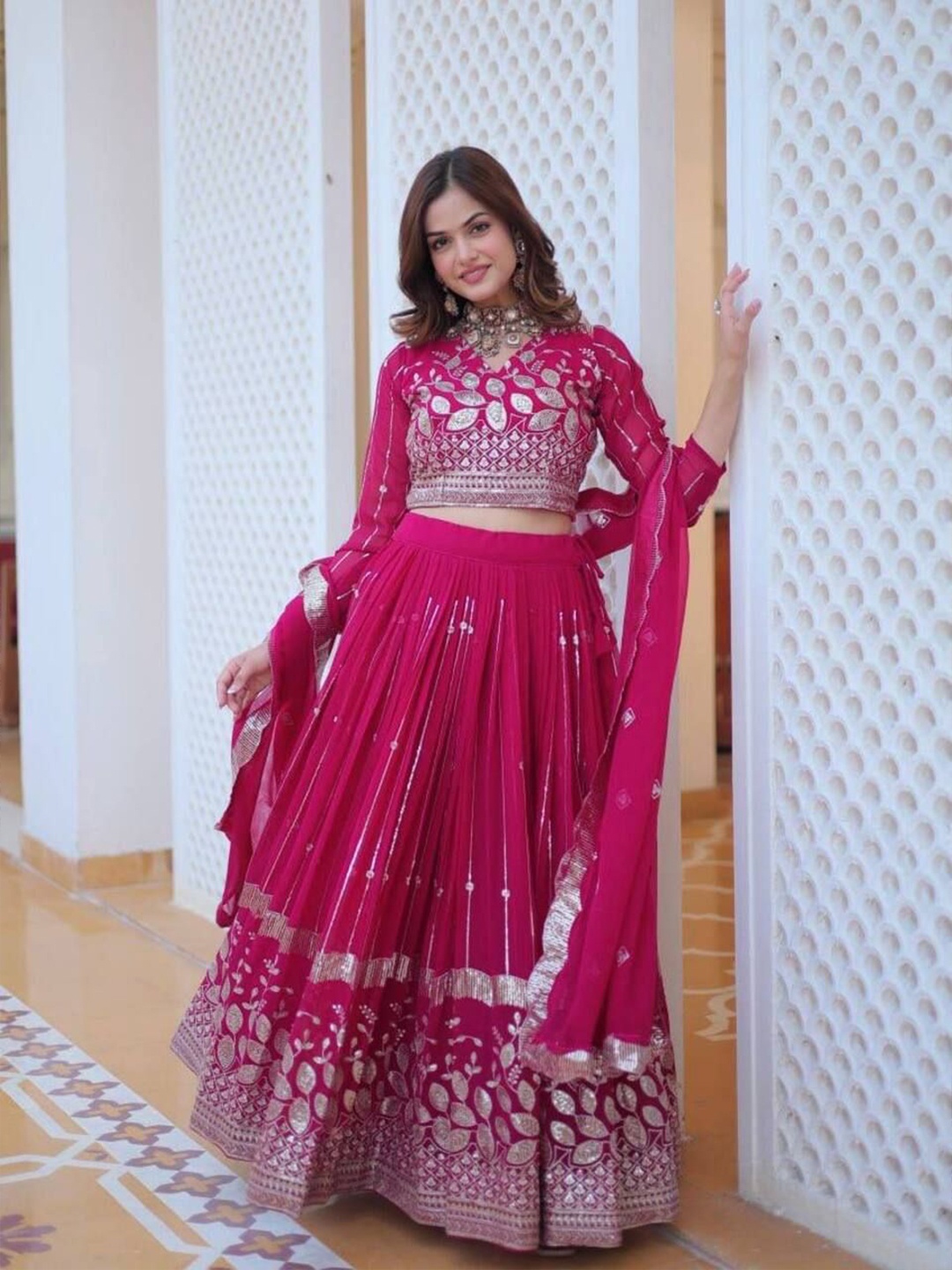 

KALINI Embroidered Sequinned Georgette Ready to Wear Lehenga & Blouse With Dupatta, Pink