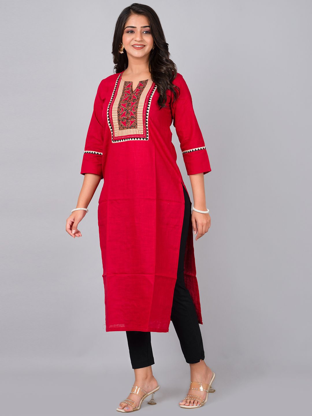 

TRIVEDI Women Printed Pure Cotton Round Neck Straight Kurta, Maroon