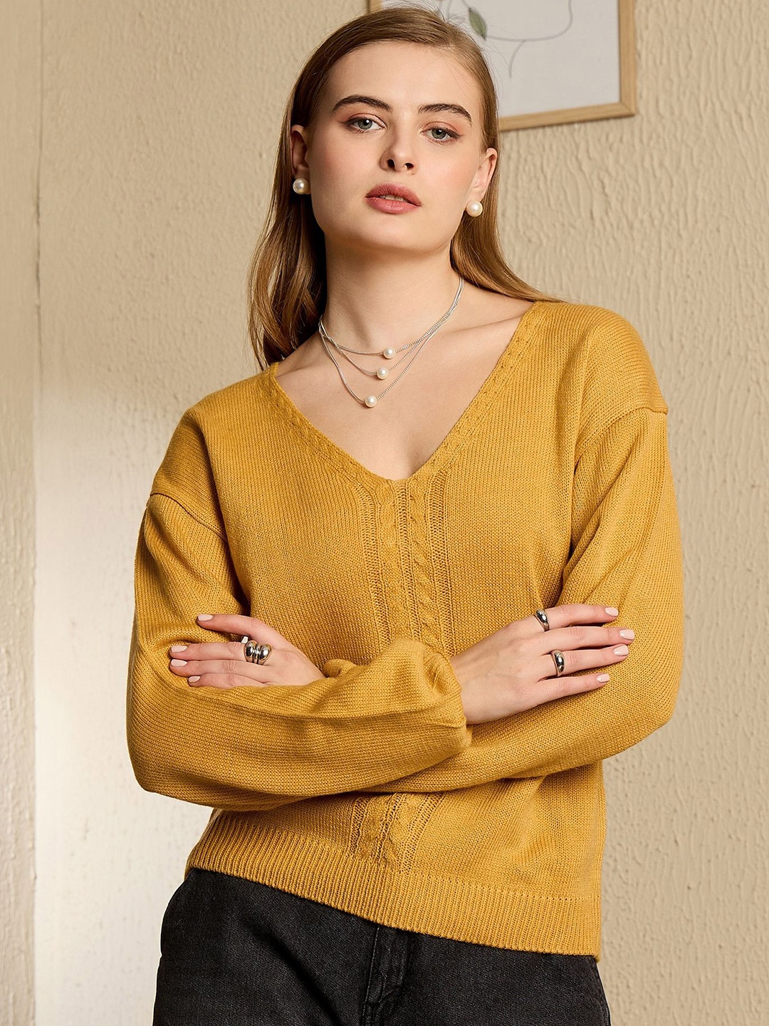 

Berrylush Women V-Neck Pullover Sweaters, Yellow