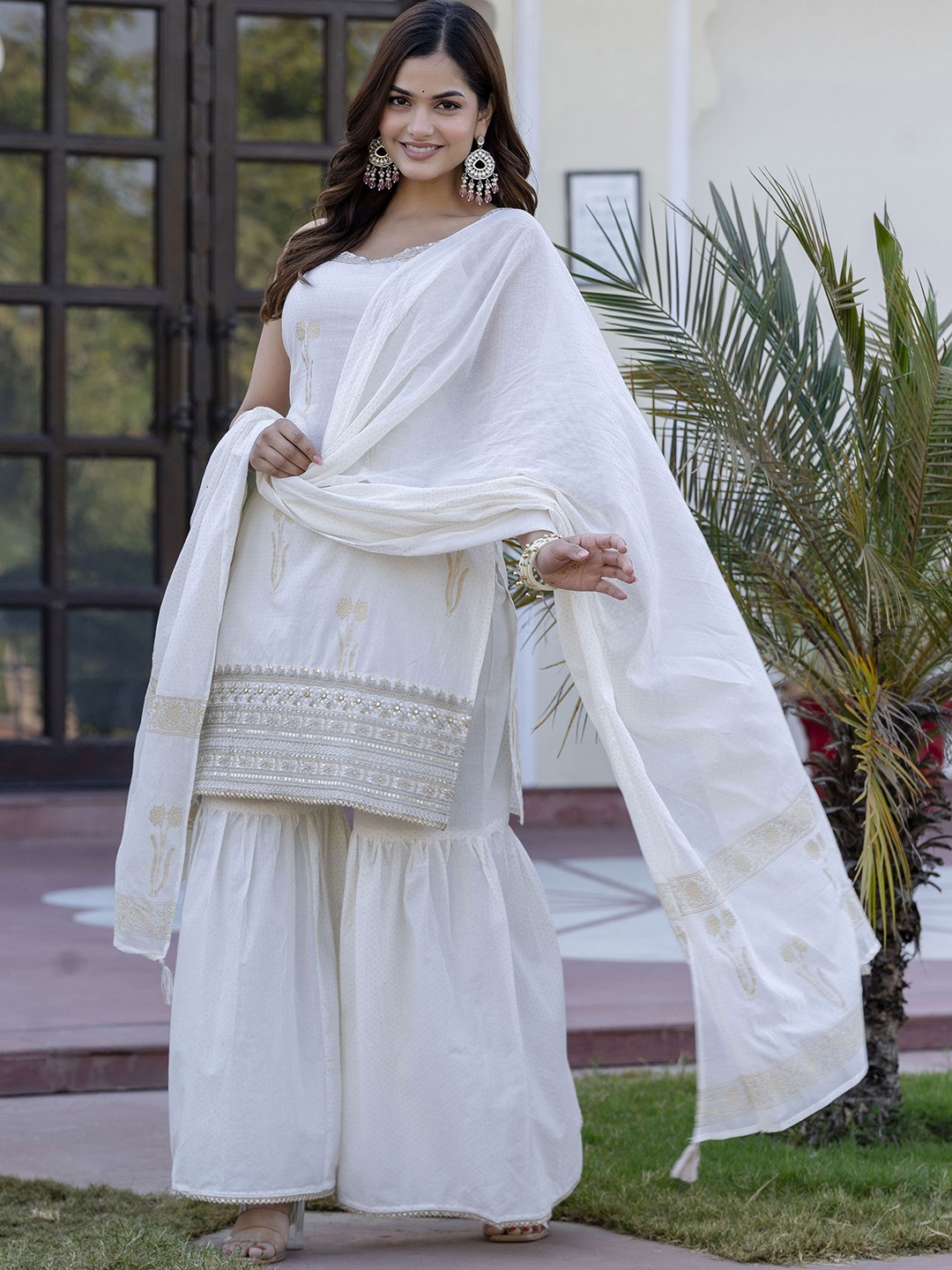 

Anouk White Floral Printed Gotta Patti Pure Cotton Kurta With Sharara And Dupatta