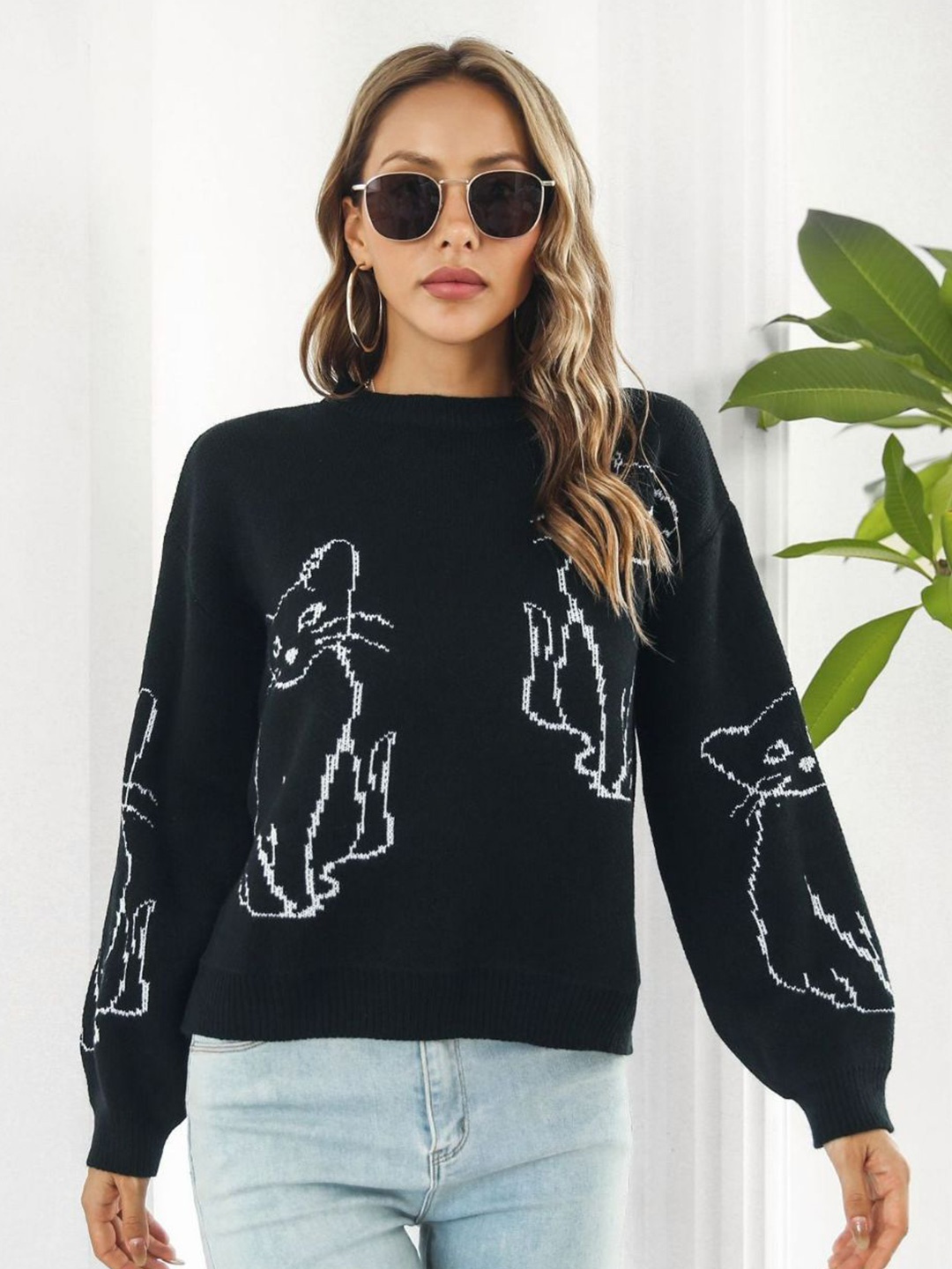 

Oh Rare Women Printed Pullover Sweater, Black