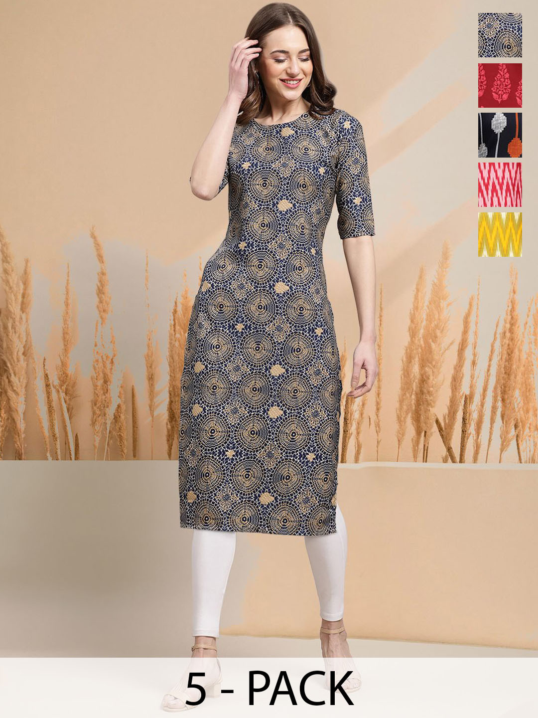 

7Threads Selection of 5 Geometric Printed Round Neck Straight Kurtas, Navy blue