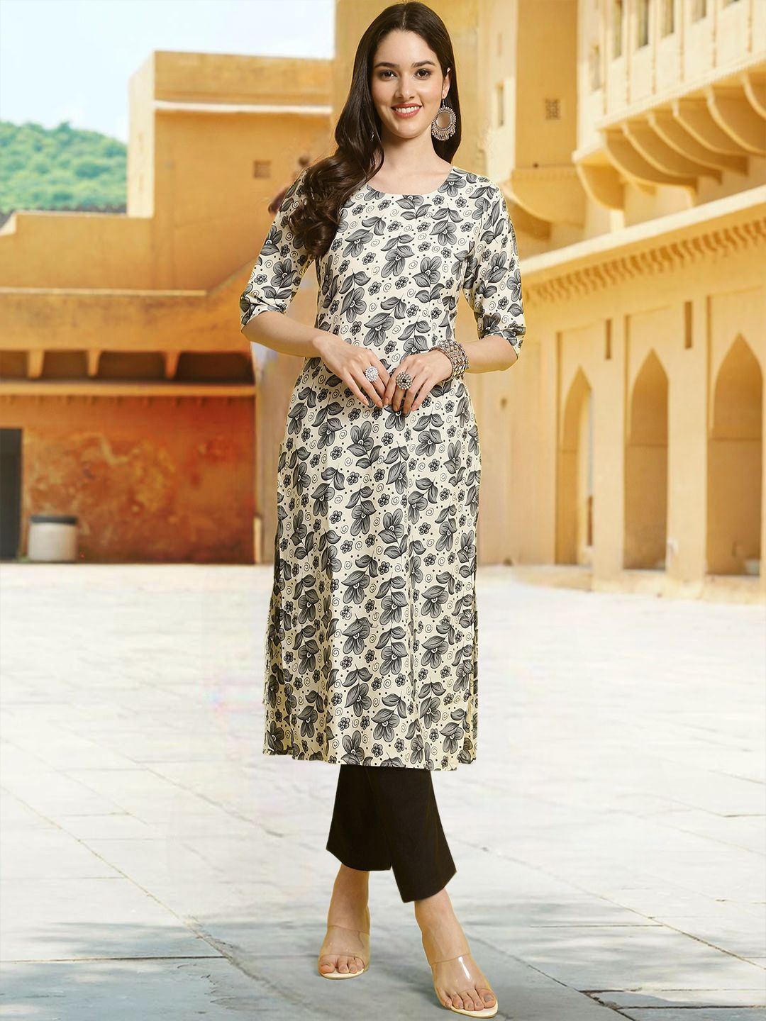 

7Threads Floral Printed Round Neck Straight Kurta With Trousers, Grey