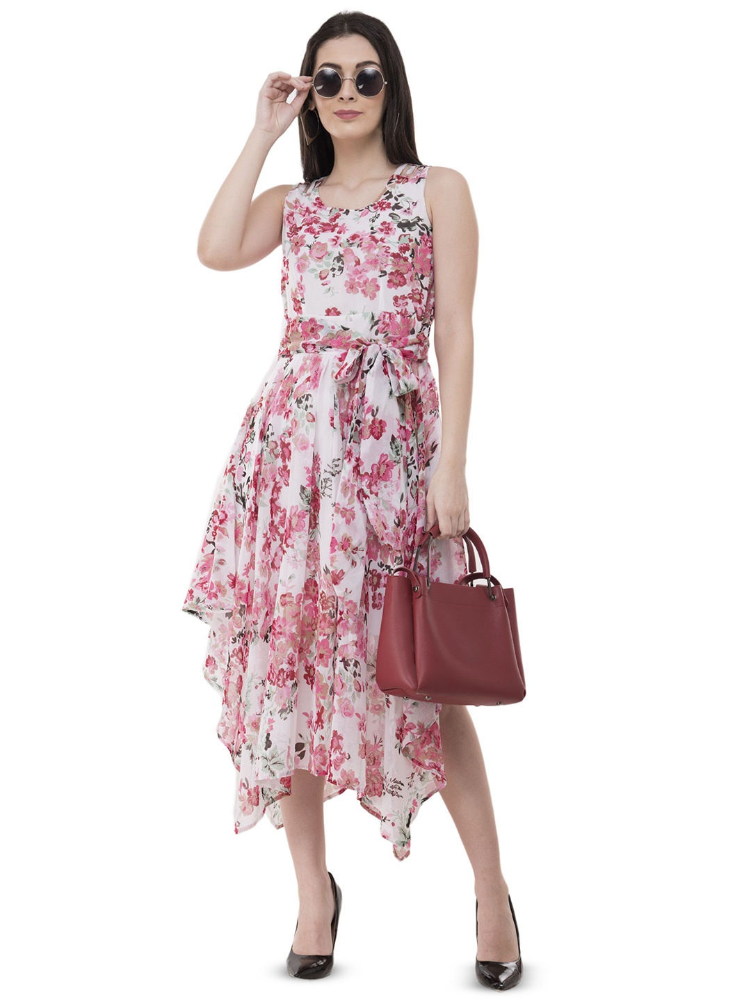 

SHAHVEER CREATION Women Floral Printed Georgette Fit & Flare Midi Dress, White