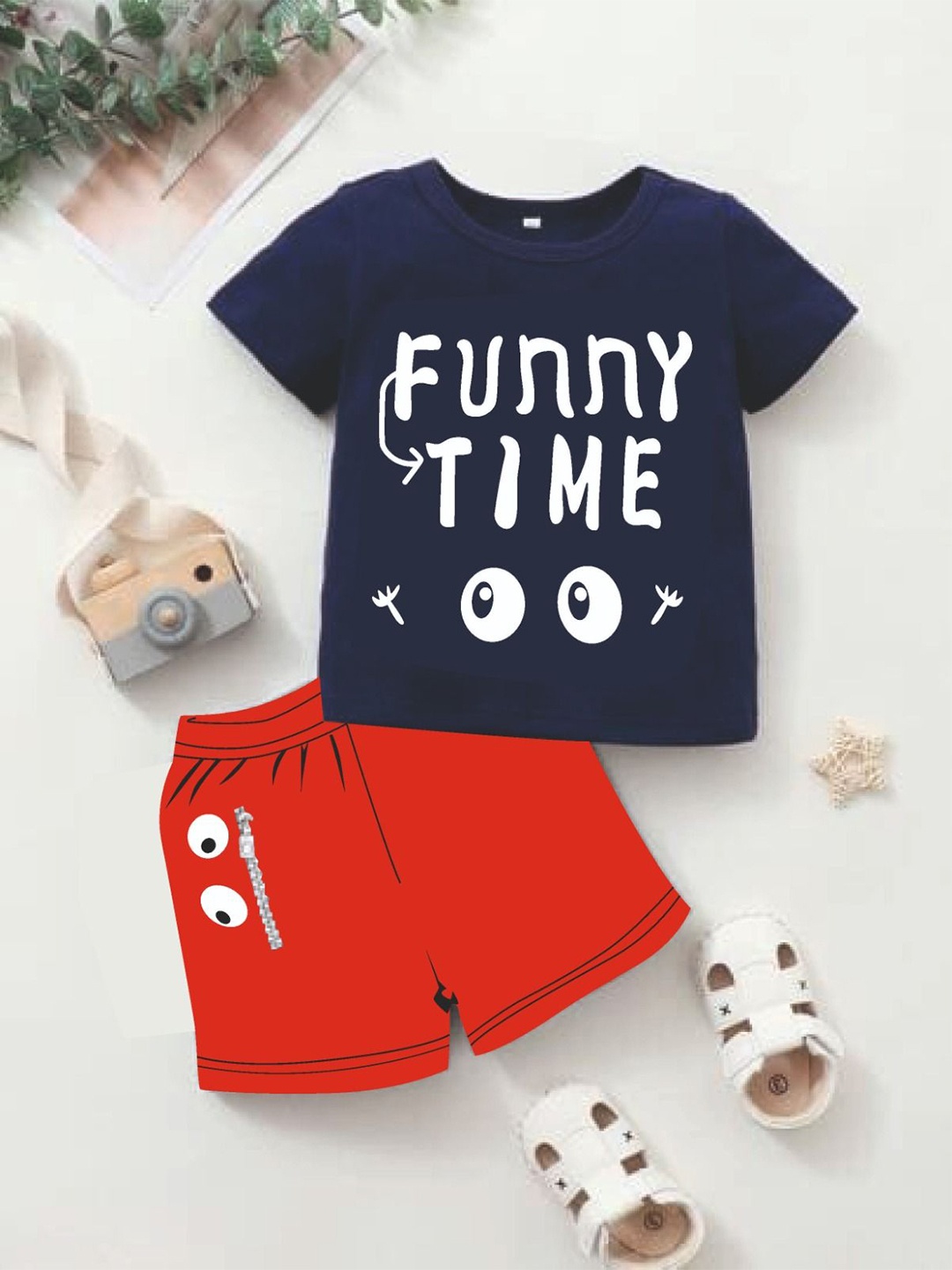 

BILLYBALL Kids Printed Round Neck Pure Cotton T-shirt With Shorts, Navy blue