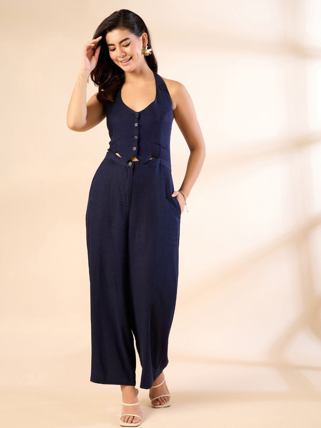 

Kiarabel Retail Women Halter Neck Wide-Leg Jumpsuit, Navy blue