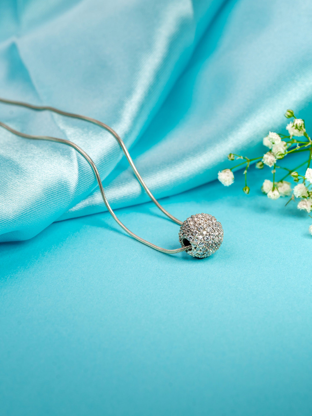 

Ruhaani Sterling Silver Rhodium-Plated Circular Sparkling Ball Pendant With Chain