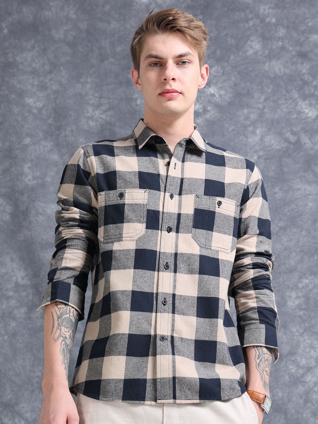 

StitchX Men Spread Collar Full Sleeve Brushed Cotton Checkered Shirt, Beige