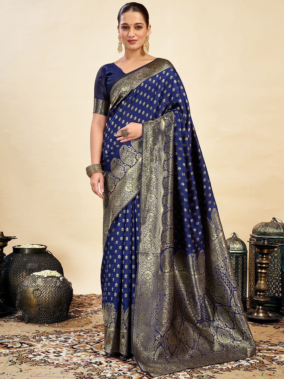 

KALINI Women Ethnic Motifs Zari Banarasi Saree, Navy blue