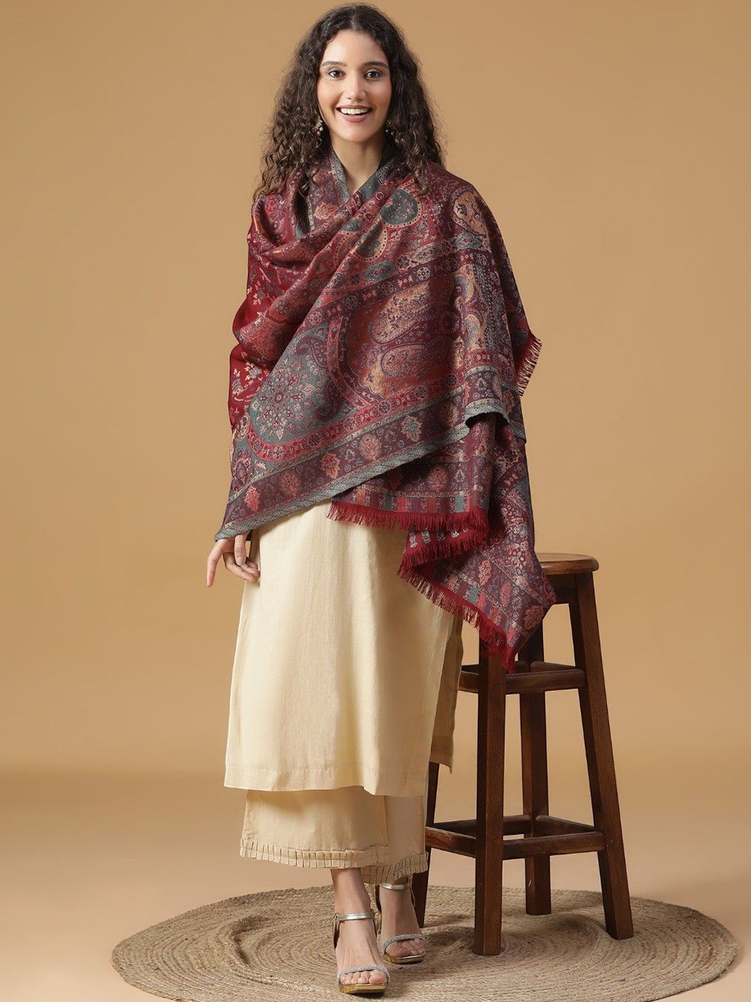 

SHINGORA Ethnic Motifs Woven Design Skin Friendly Shawl, Maroon