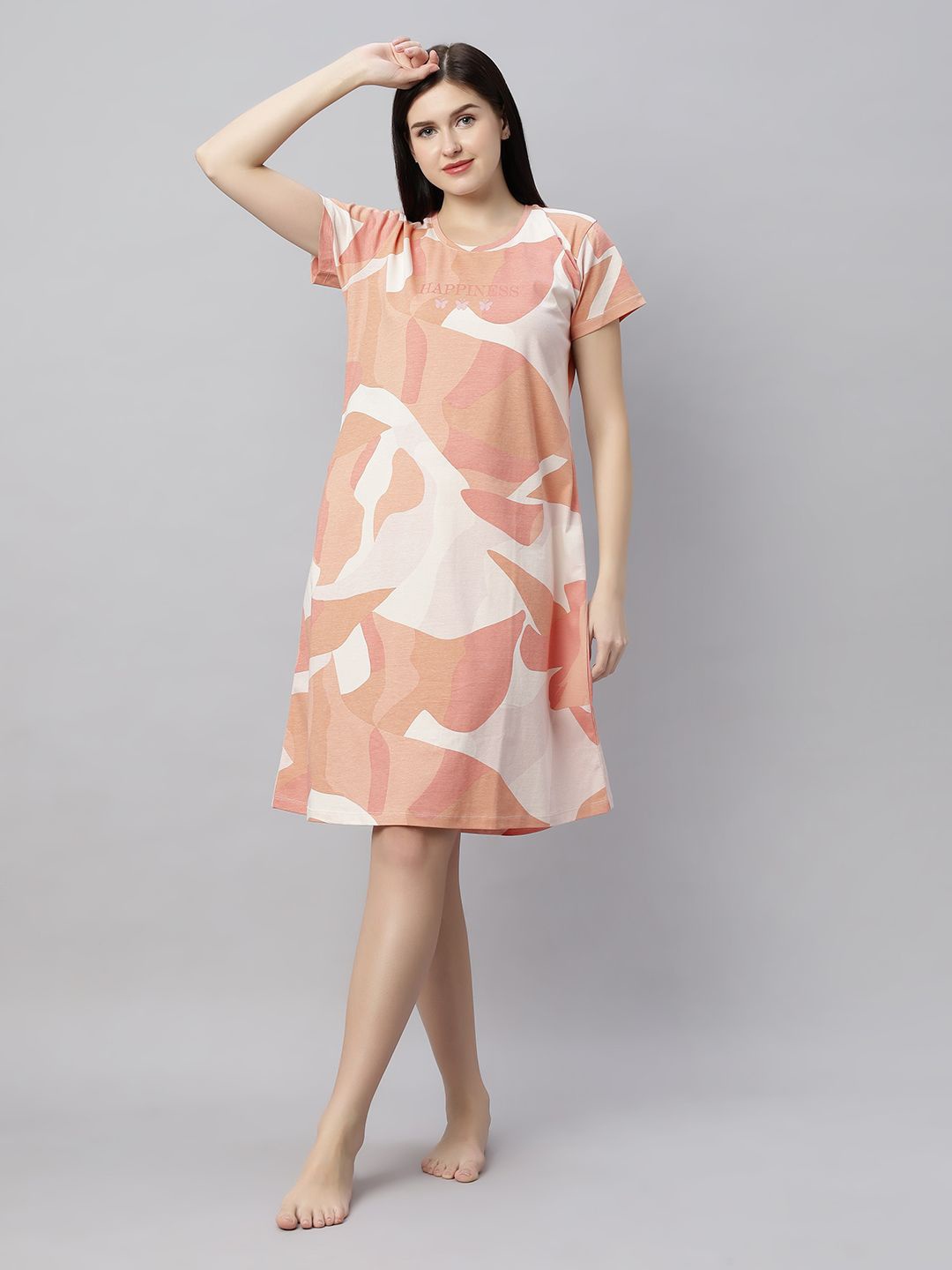 

QUIRA Women Printed Knee Length Nightdress, Pink