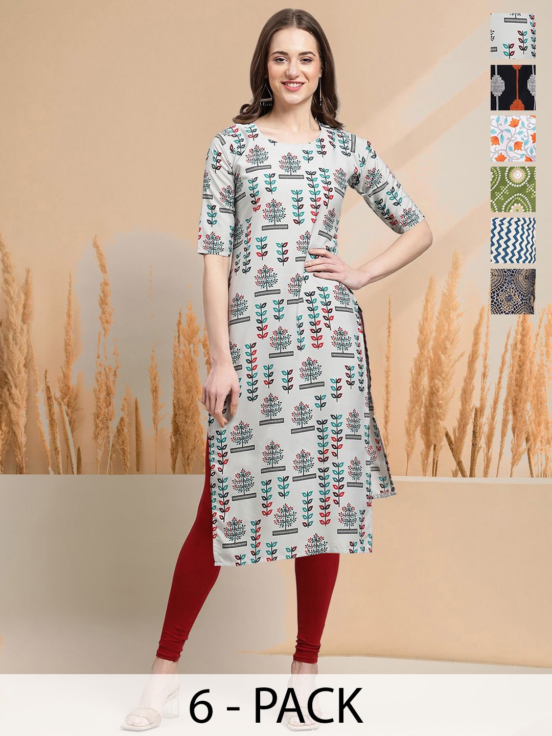 

7Threads Selection Of 6 Floral Printed Straight Kurtas, Cream