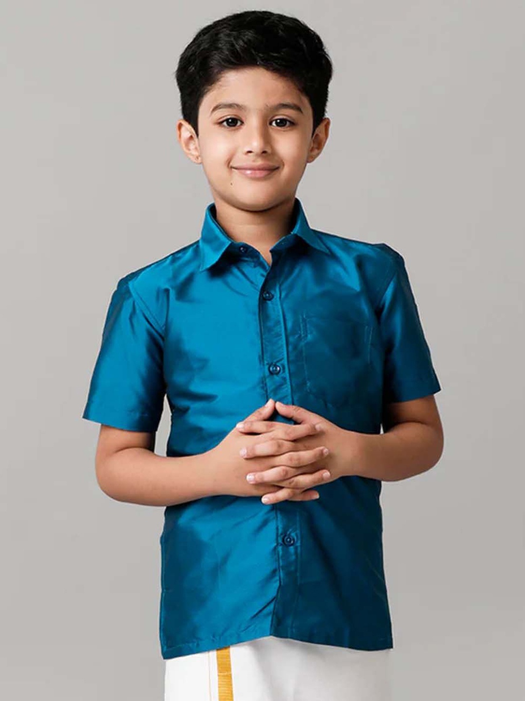 

Ramraj Boys Solid Short Sleeve Shirt With Chest Pocket, Blue