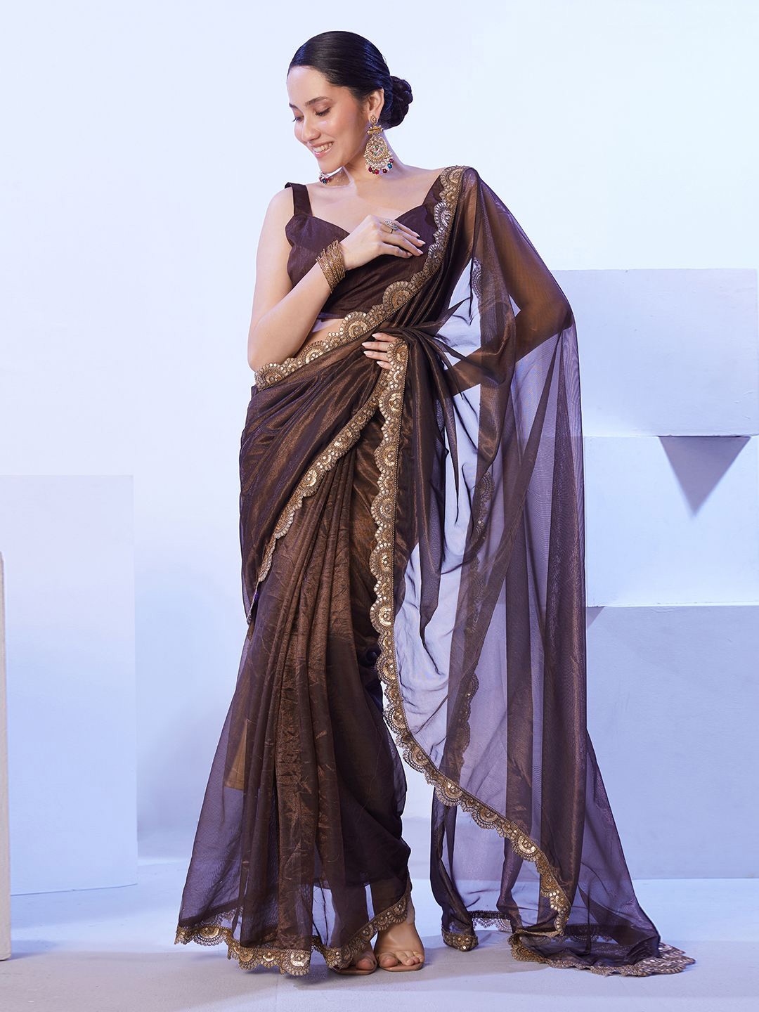 

Mitera Sequinned Embellished Organza Saree, Brown