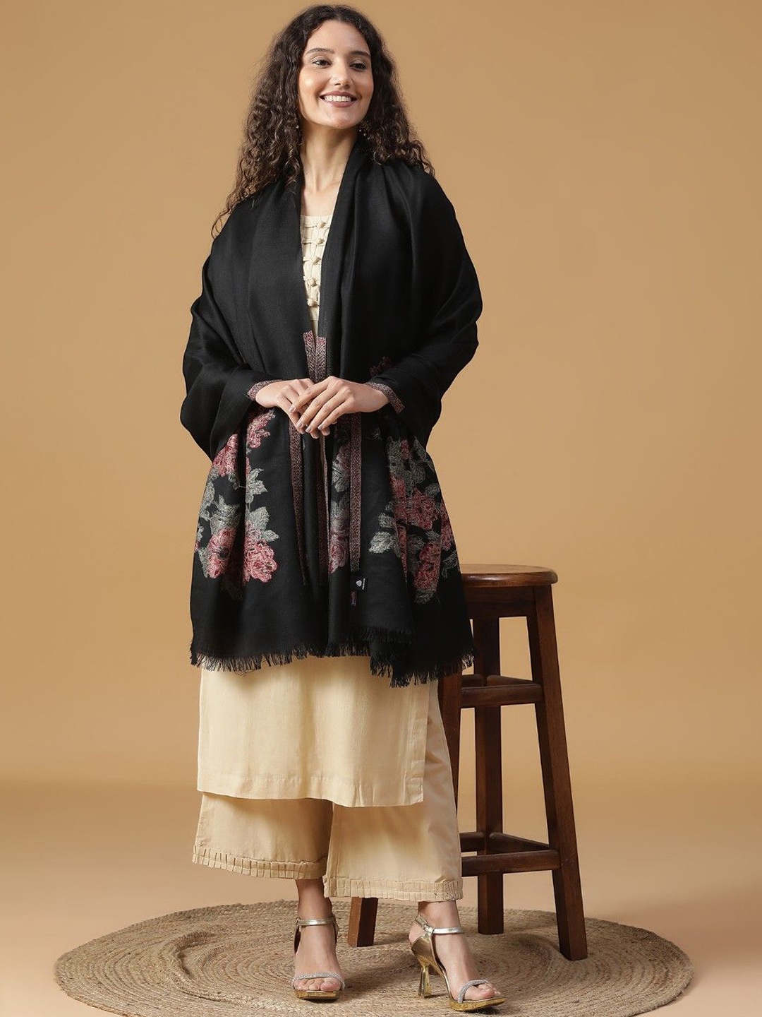 

SHINGORA Floral Woven Design Skin Friendly Pure Woollen Shawl, Black