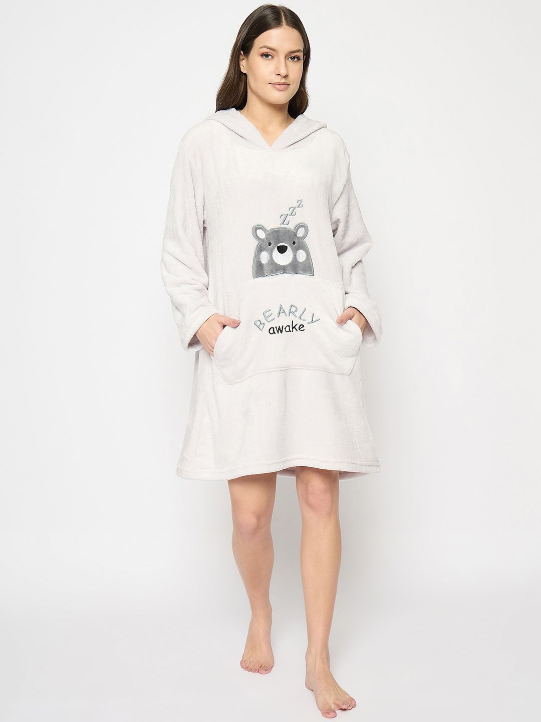 

Camey Women Bear Embroidered Hooded Nightdress, Off white