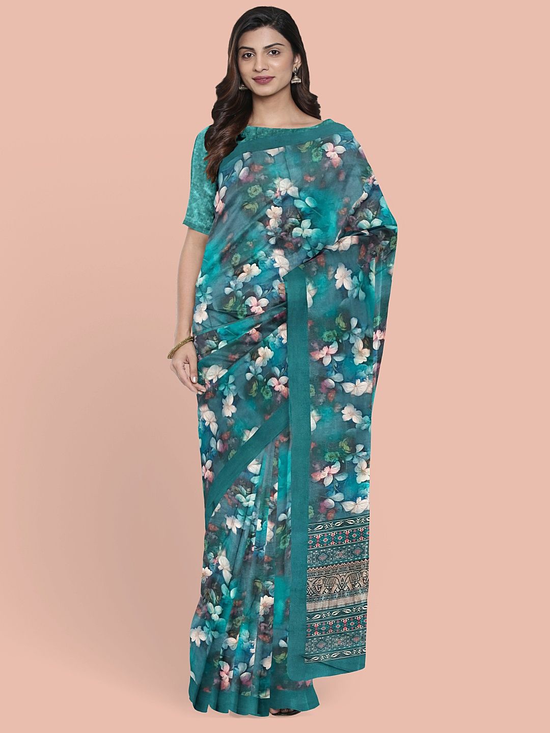 

Avyay Creation Floral Printed Saree, Teal
