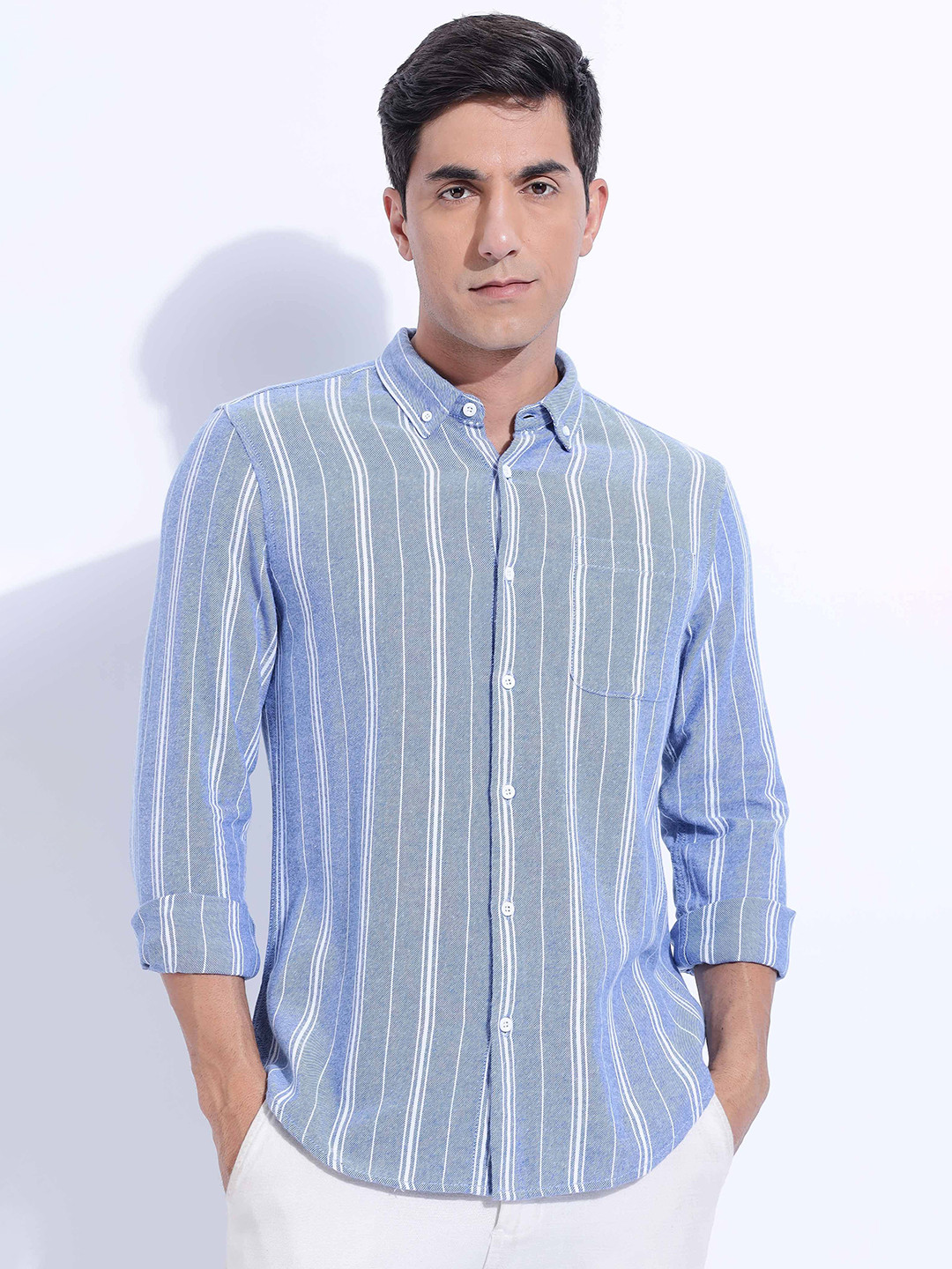 

HERE&NOW Men Slim Fit Button-Down Collar Vertical Striped Cotton Casual Shirt, Blue