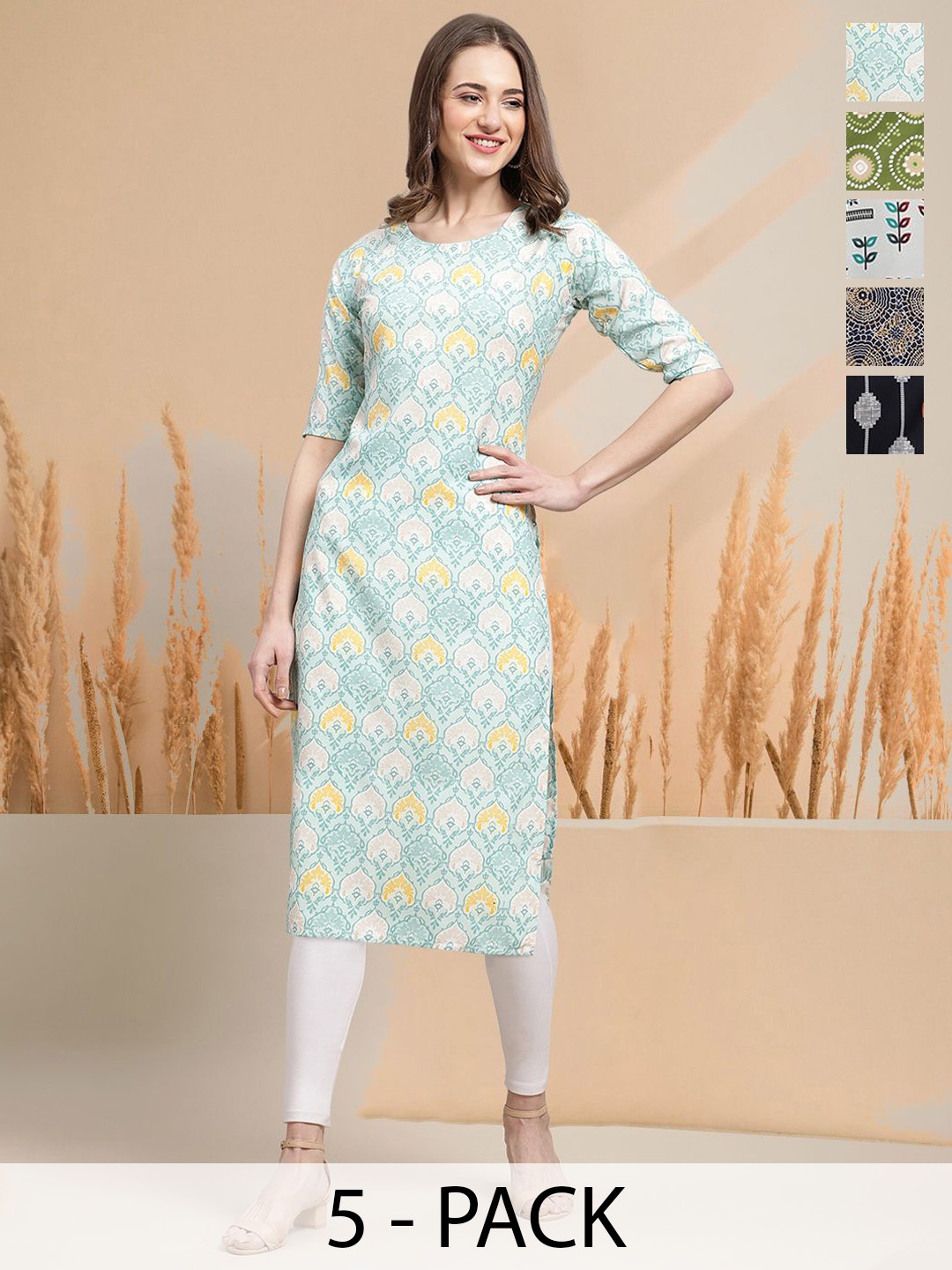 

7Threads Selection Of 5 Floral Printed Round Neck Straight Kurtas, Turquoise blue