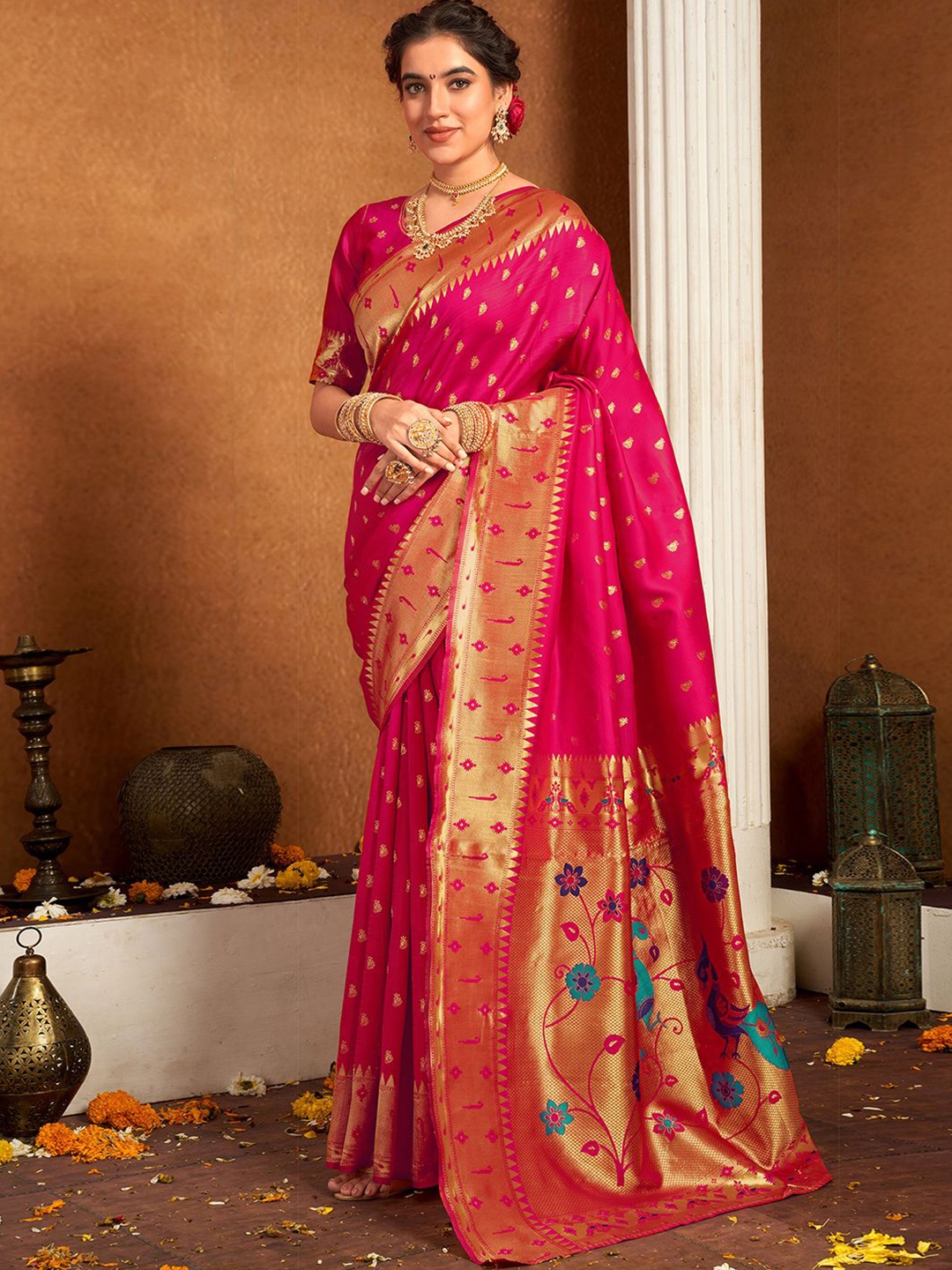 

KALINI Ethnic Motifs Woven Design Zari Paithani Saree, Pink