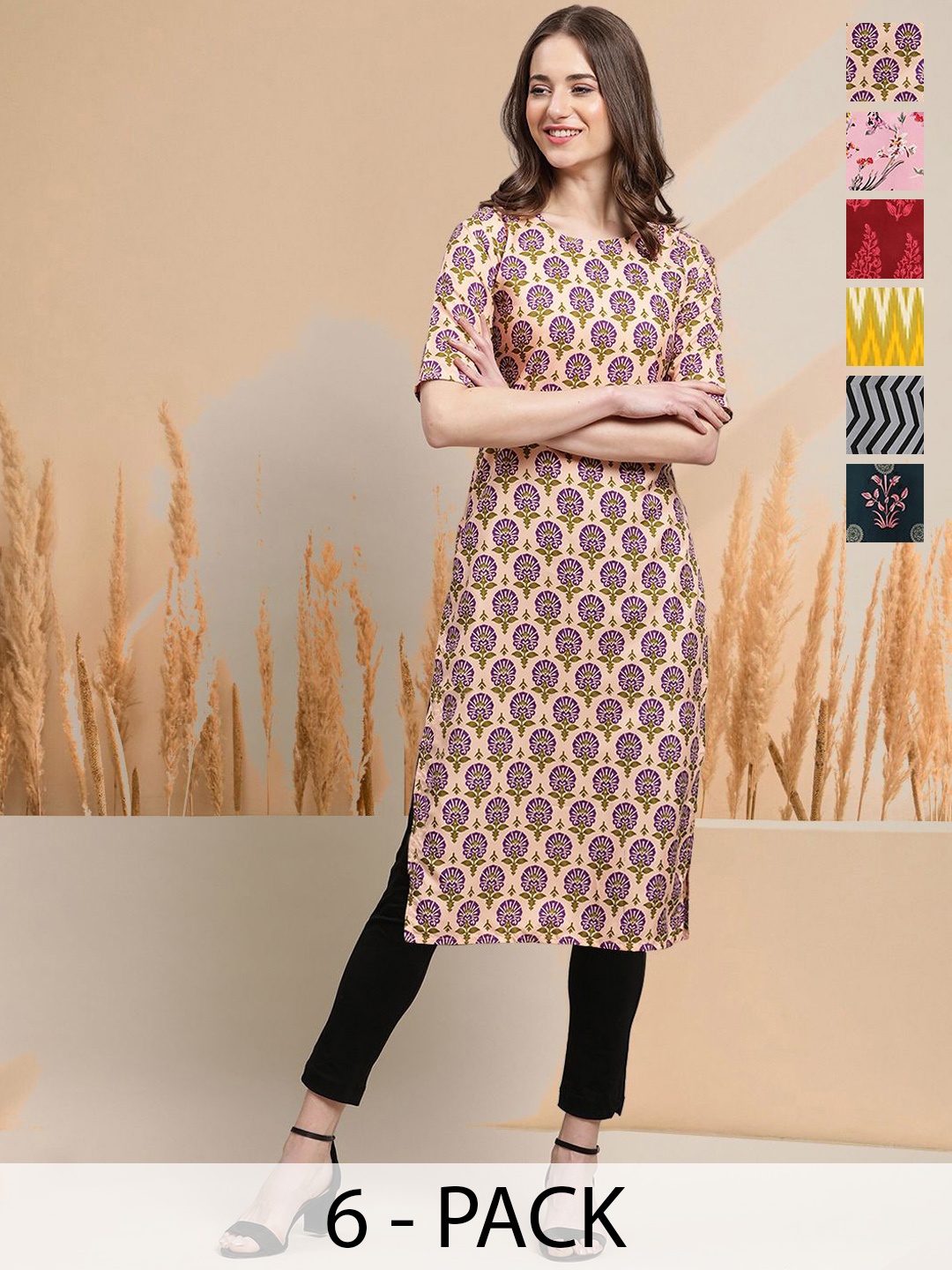 

7Threads Selection of 6 Floral Printed Round Neck Straight Kurtas, Beige