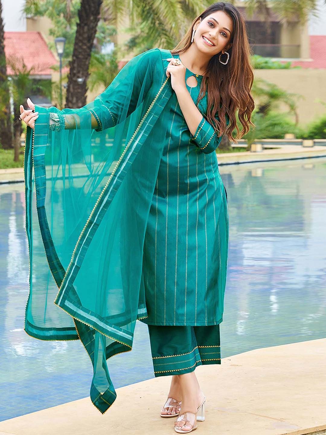 

KALINI Striped Key Hole Neck Straight Kurta With Trouser And Dupatta, Turquoise blue