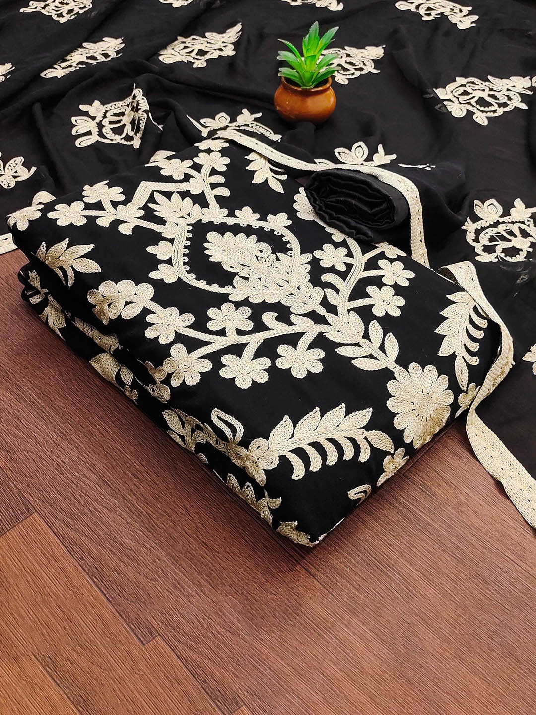 

KALINI Floral Embroidered Thread Work Silk Georgette Unstitched Dress Material, Black