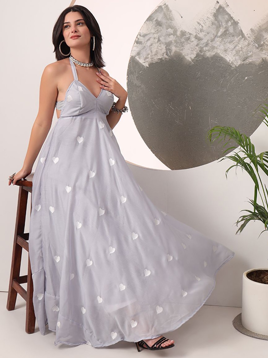 

PRENEA Embroidered Halter Neck Georgette Empire Maxi Dress, Silver