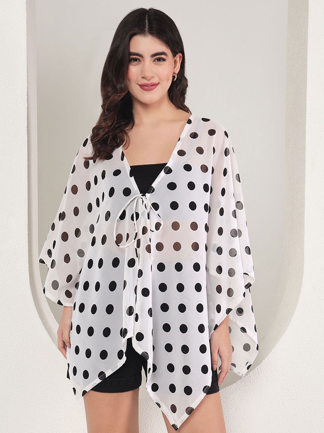 

BAESD Polka Dots Printed V-Neck Tie-Up Shrug, White