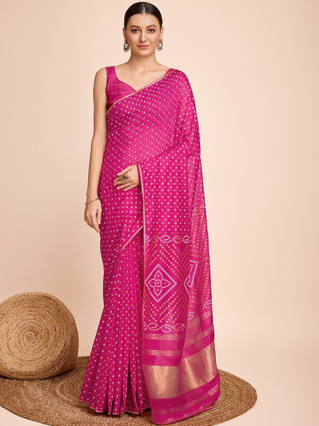 

A TO Z CART Printed Gotta Patti Pure Silk Bandhani Saree, Pink